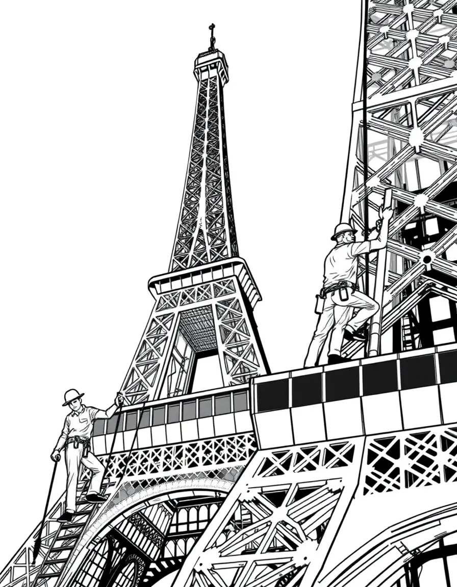 (France) Eiffel Tower maintenance workers climbing