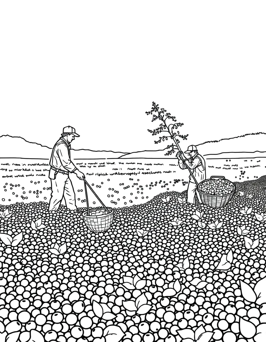 (Massachusetts) Cranberry bog with workers harvesting berries