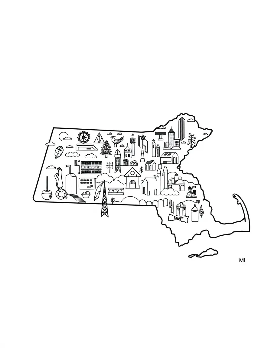(Massachusetts) Bay State outline filled with state symbols
