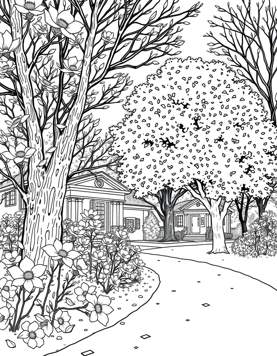 (Massachusetts) Spring scene with blooming dogwood trees