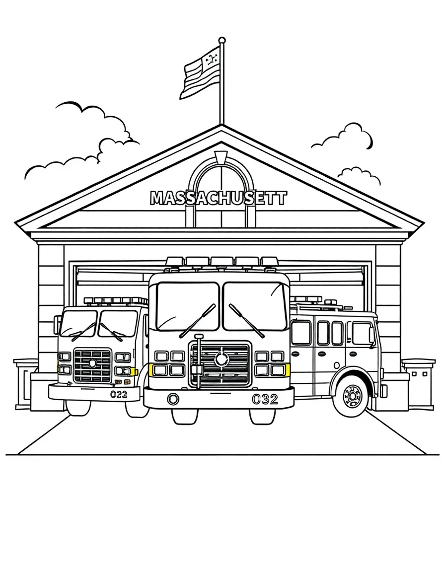(Massachusetts) Fire station with firefighters and trucks