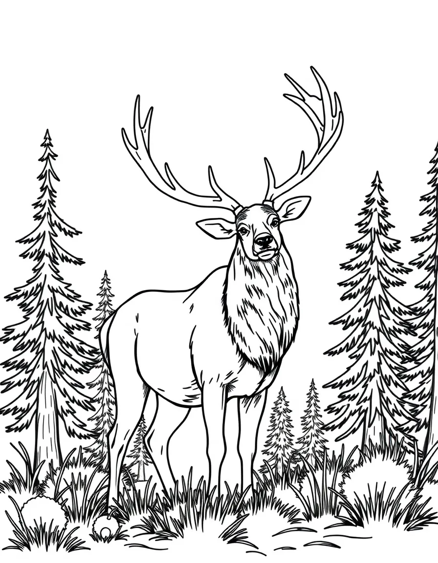 (Idaho) An elk standing near pine trees