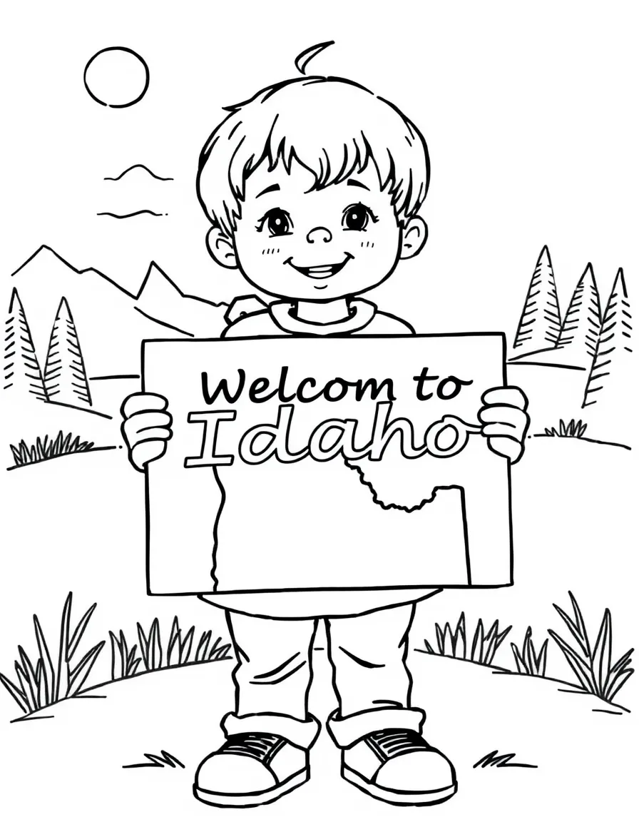 (Idaho) A child holding a “Welcome to Idaho” sign