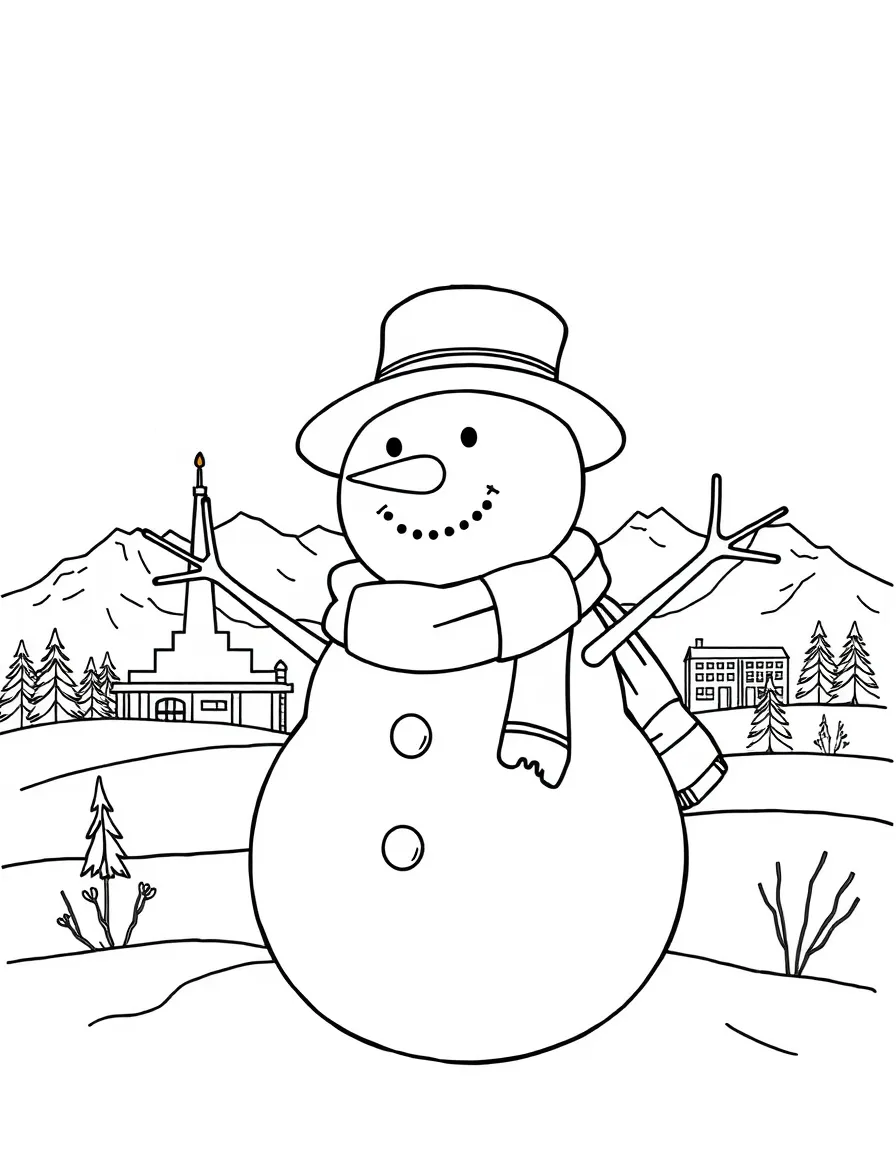 (Idaho) A snowman with Idaho landmarks in the background