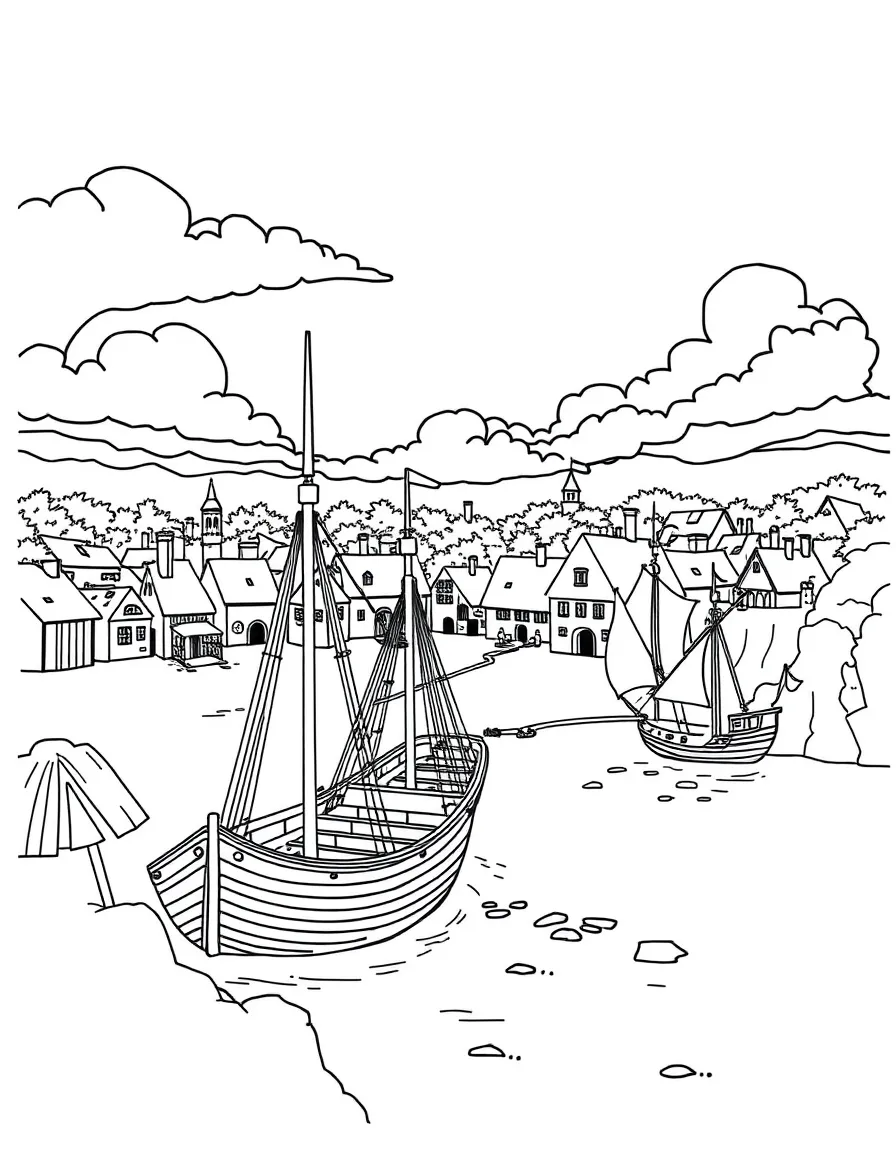 (Virginia) Jamestown Settlement with ships and colonial buildings