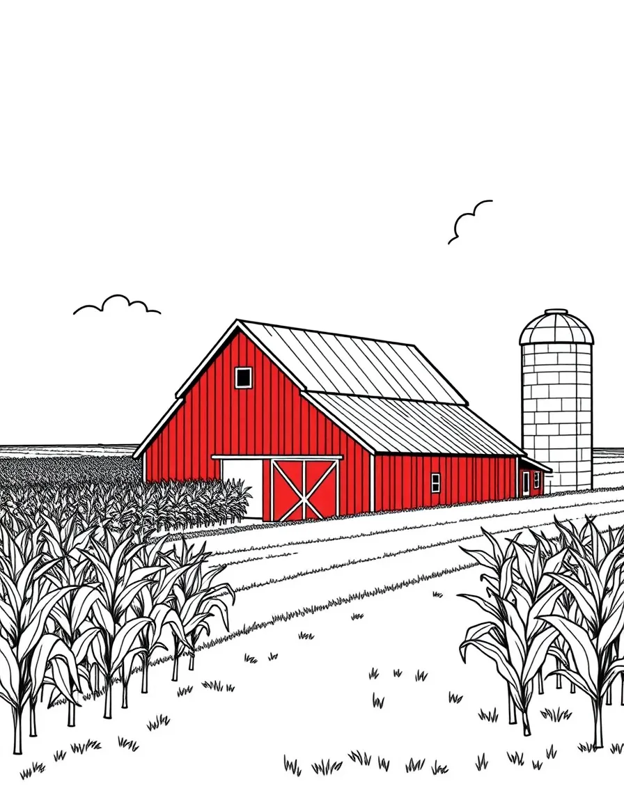 (Illinois) A farm in central Illinois with a red barn and cornfields