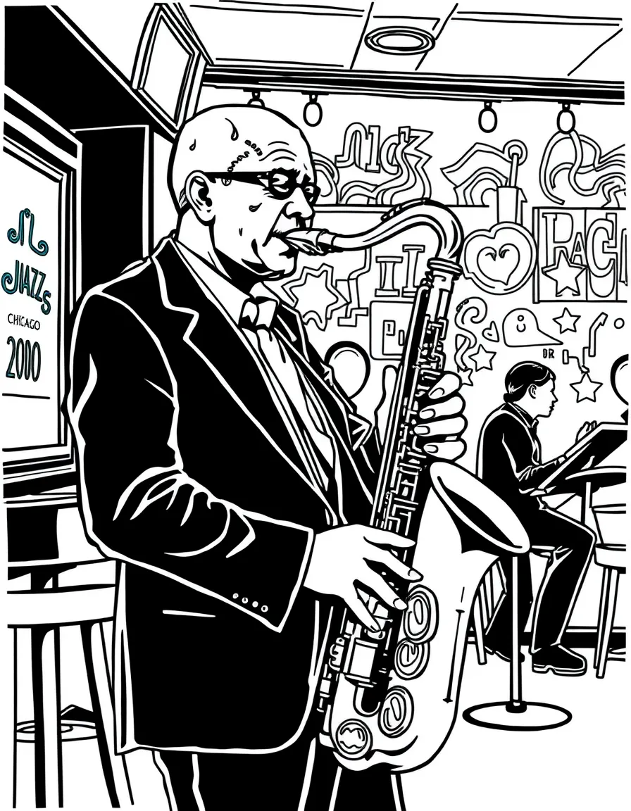 (Illinois) A jazz musician playing saxophone in a Chicago club