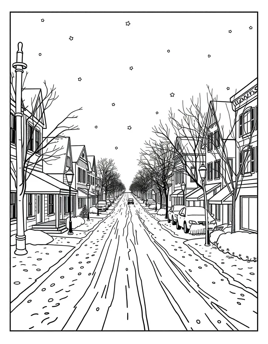 (Illinois) A snow-covered street in a small Illinois town