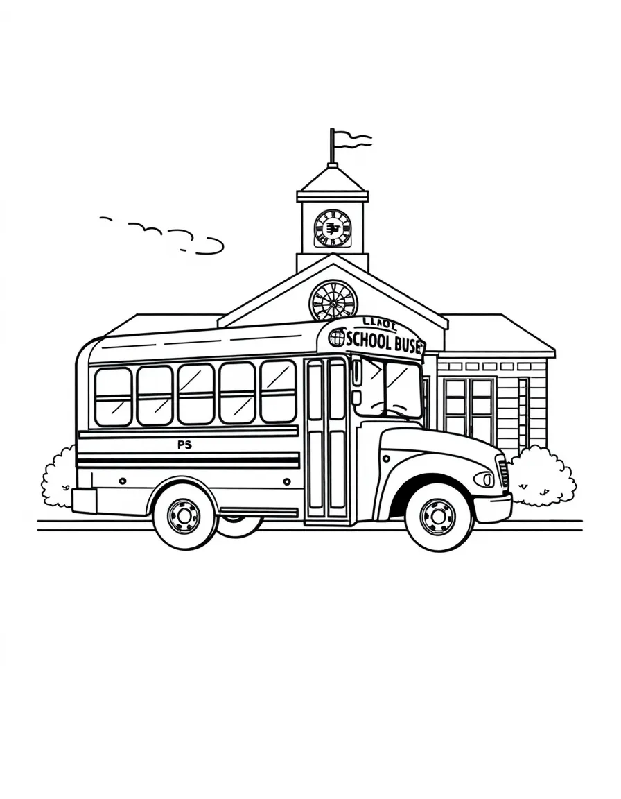 (Illinois) A school bus in front of a typical Illinois school