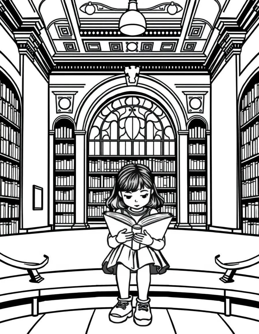 (Illinois) A girl reading a book at the Chicago Public Library