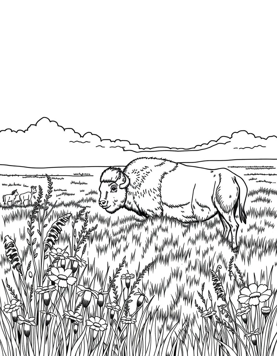 (Illinois) A prairie with wildflowers and bison