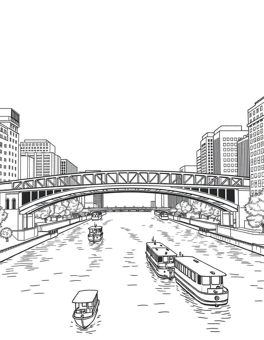 (Illinois) A bridge over the Chicago River with boats underneath