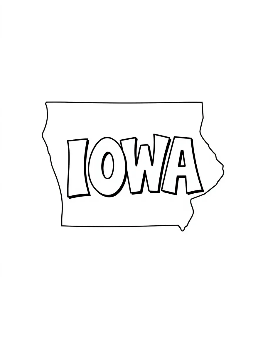 (Iowa) Iowa state outline with "IOWA" written inside in bold, bubble letters
