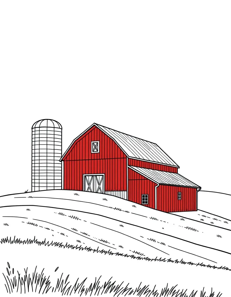 (Iowa) A red barn with a silo next to it on rolling green hills