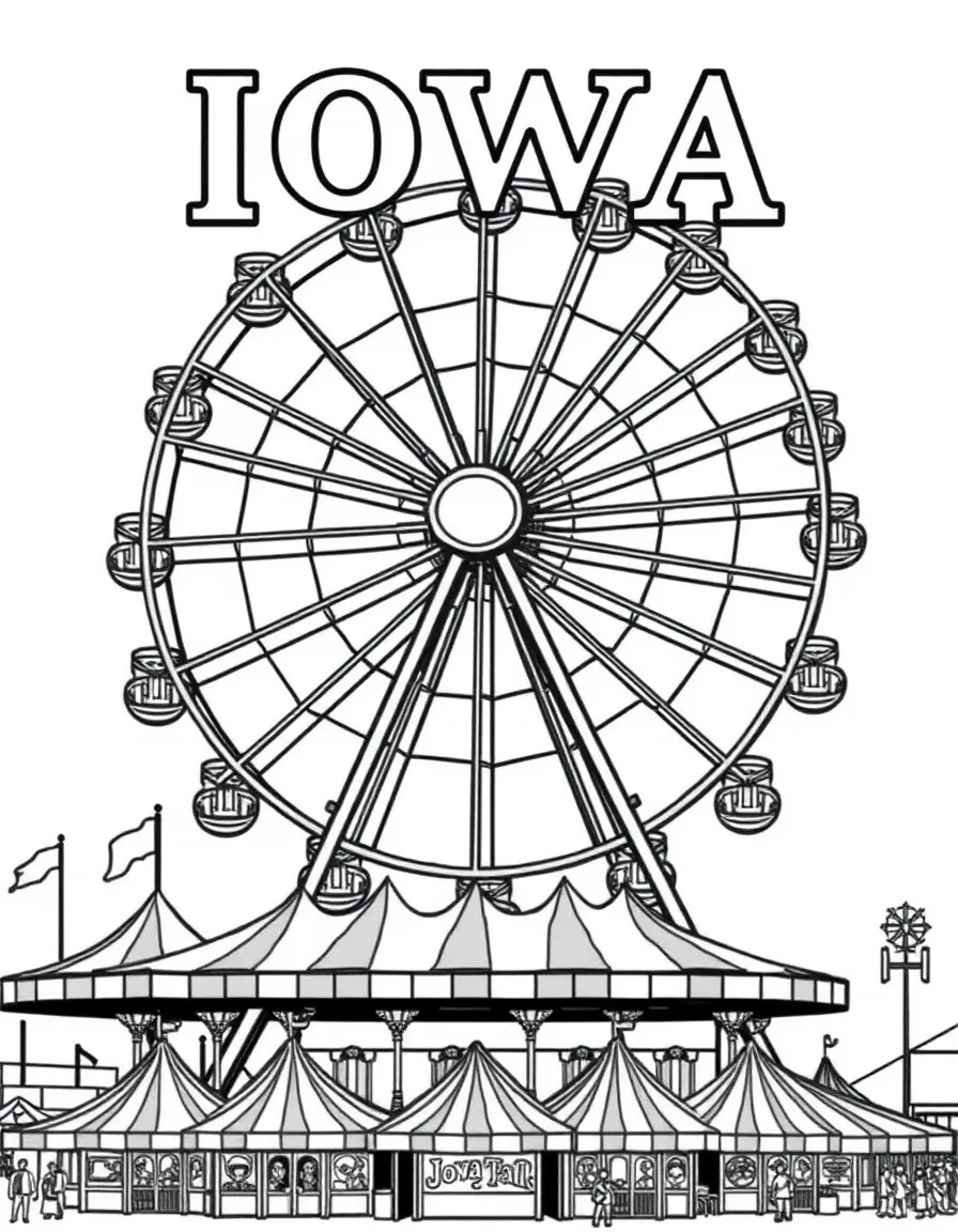 (Iowa) The Iowa State Fair Ferris wheel with carnival tents below
