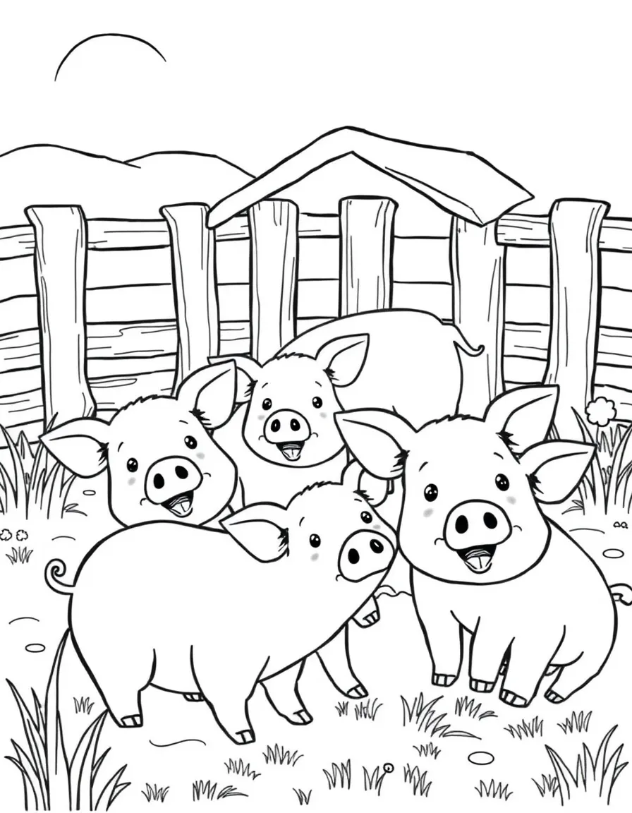 (Iowa) A friendly pig family playing in a farm pen