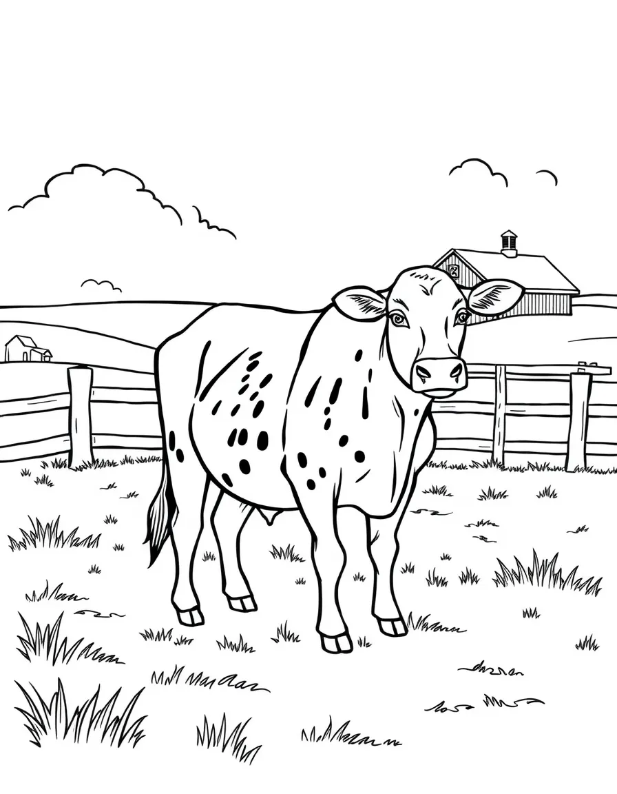 (Iowa) A cow standing in a pasture with a fence and barn in background