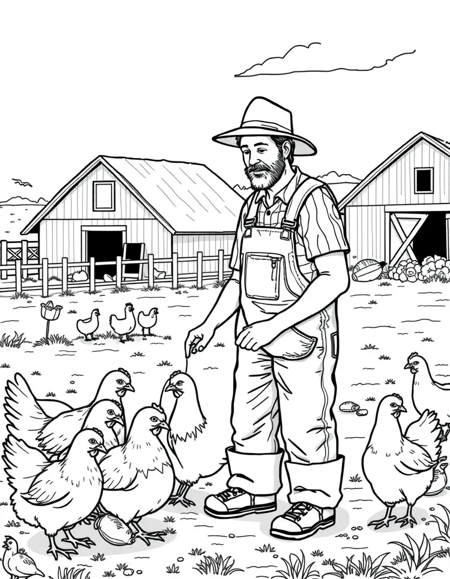 (Iowa) A farmer in overalls feeding chickens in a farmyard