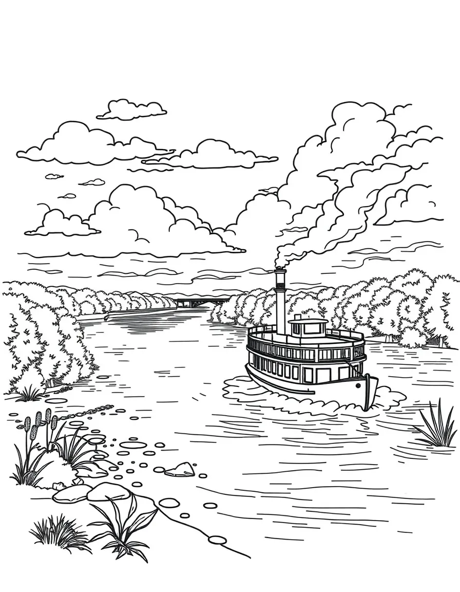 (Iowa) A river scene showing the Mississippi River with a steamboat