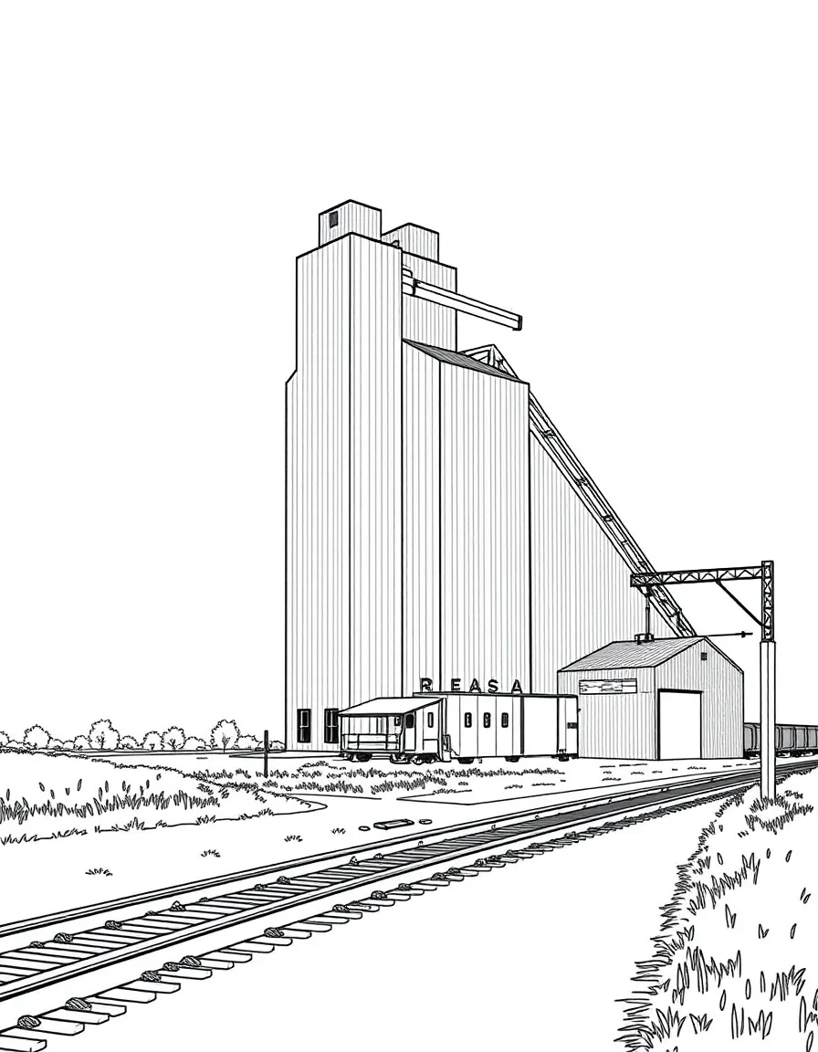 (Iowa) A grain elevator standing tall next to railroad tracks