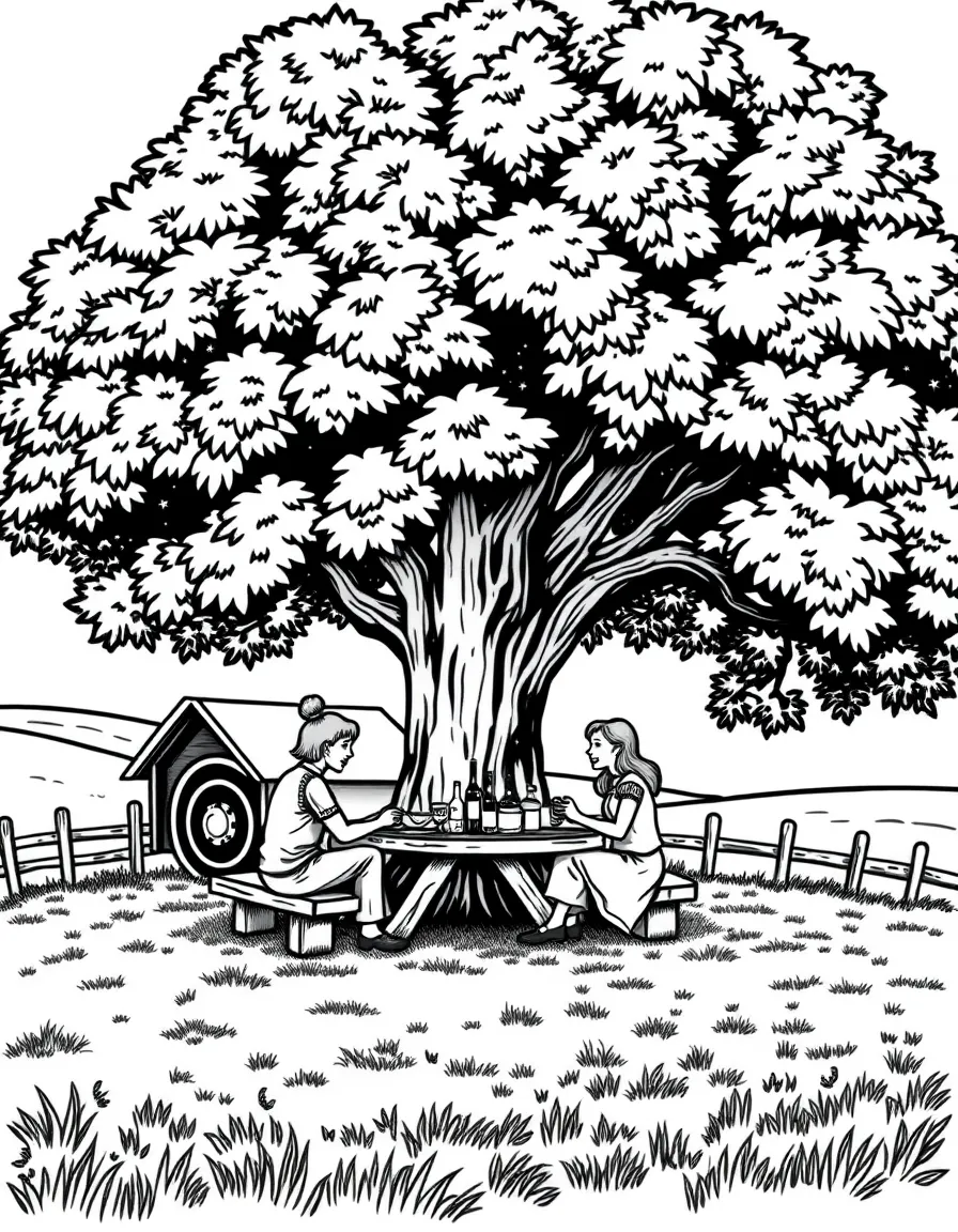 (Iowa) A farm family having a picnic under an oak tree
