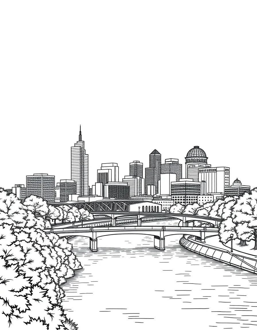(Iowa) The Des Moines skyline with buildings and river