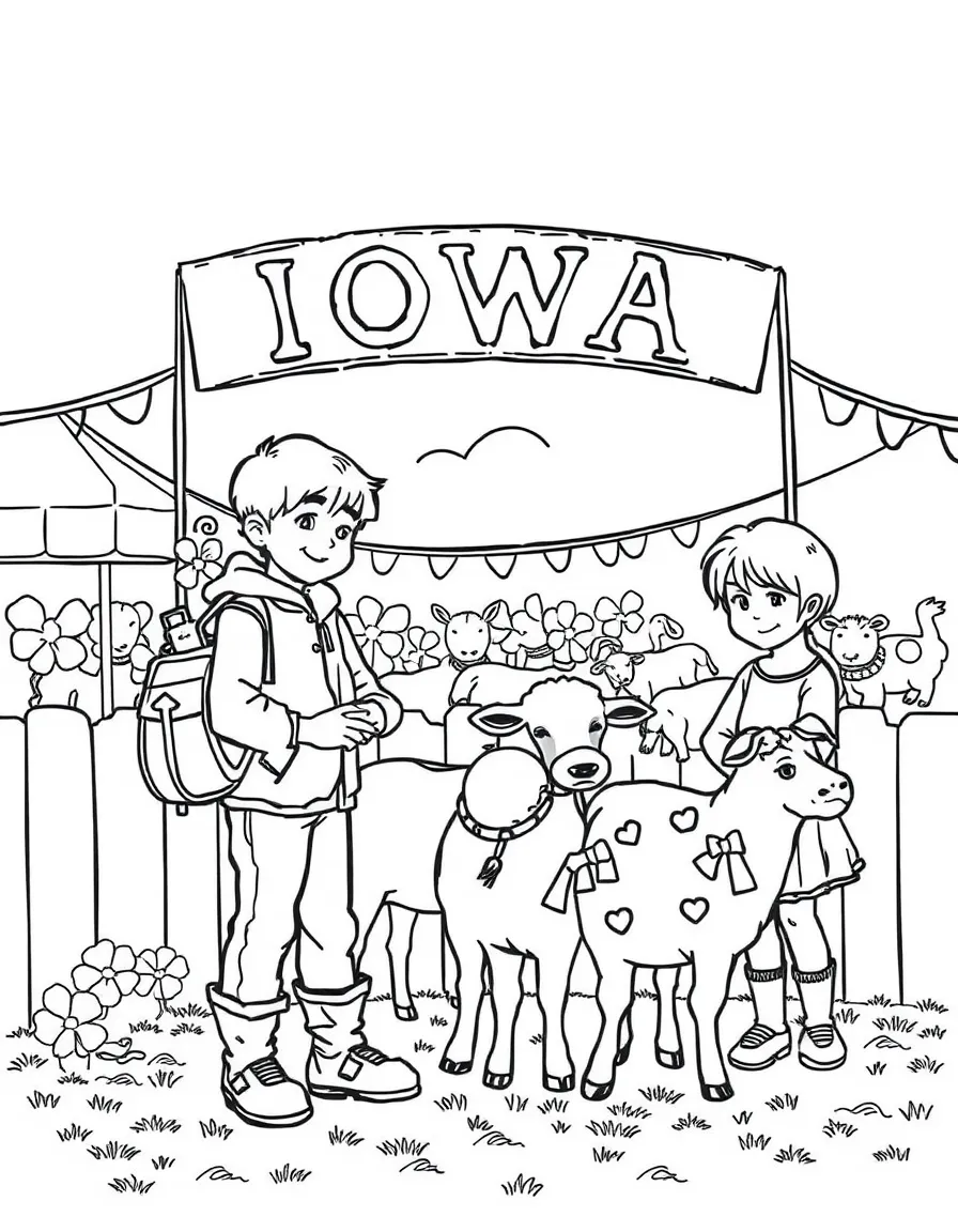 (Iowa) A county fair scene with 4-H kids showing their animals