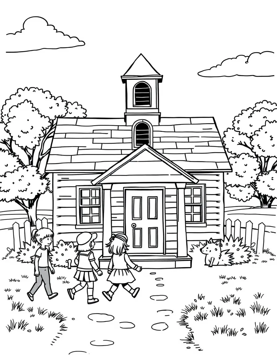 (Iowa) A one-room schoolhouse with children walking to school