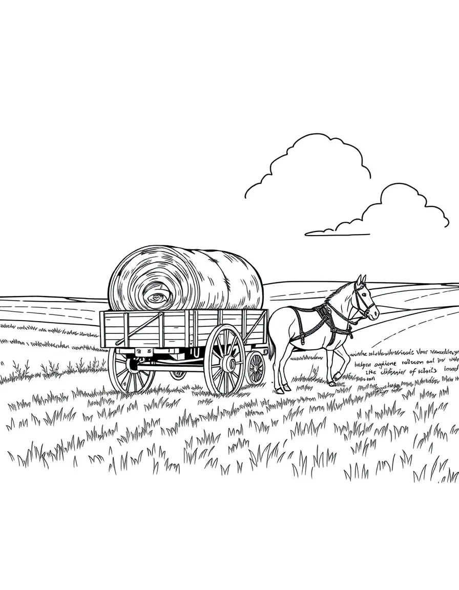 (Iowa) A hay wagon being pulled by horses through fields