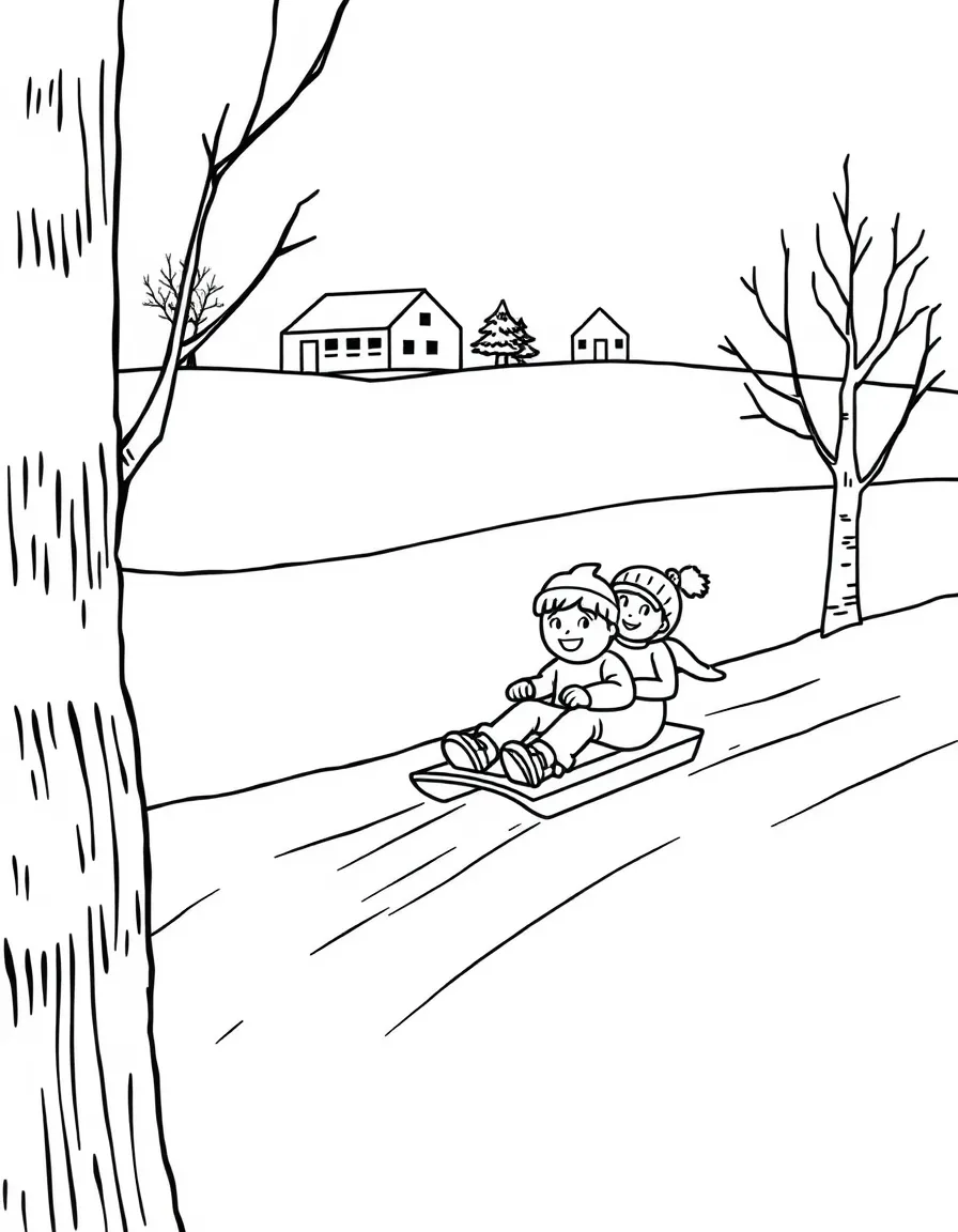 (Iowa) Children sledding down snowy Iowa hills in winter