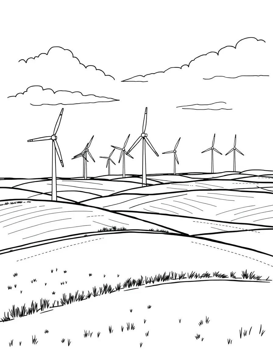 (Iowa) Iowa wind farm with multiple turbines on rolling hills