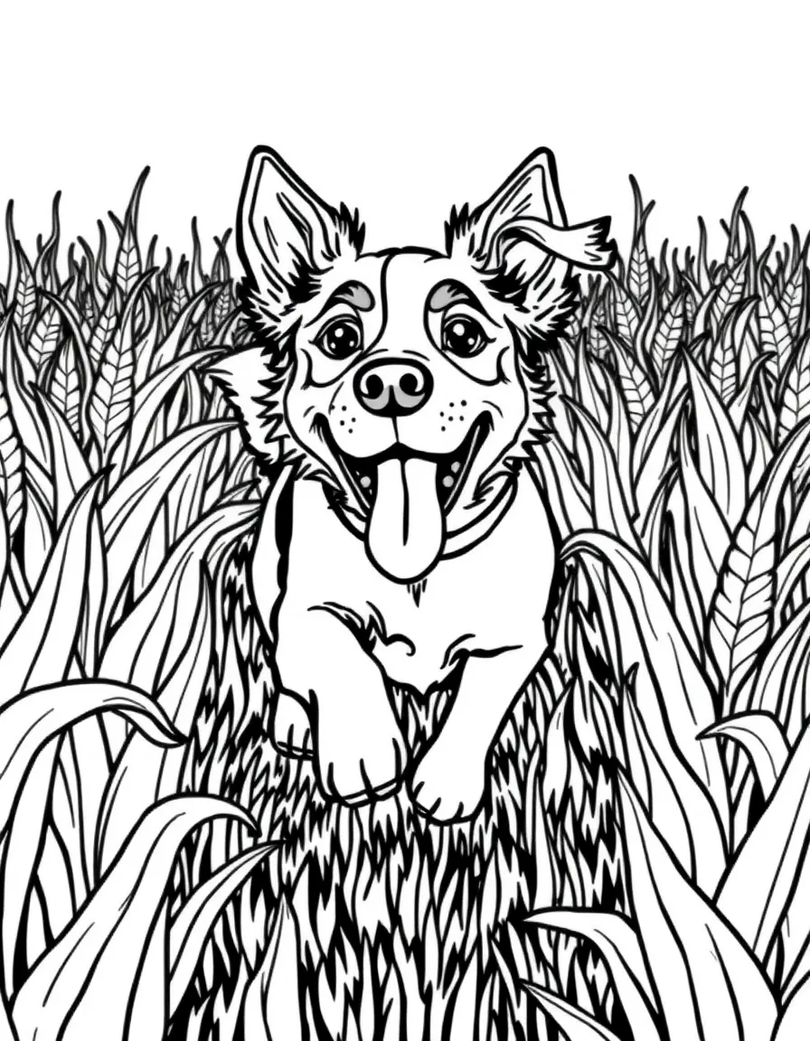 (Iowa) A happy farm dog running through an Iowa cornfield