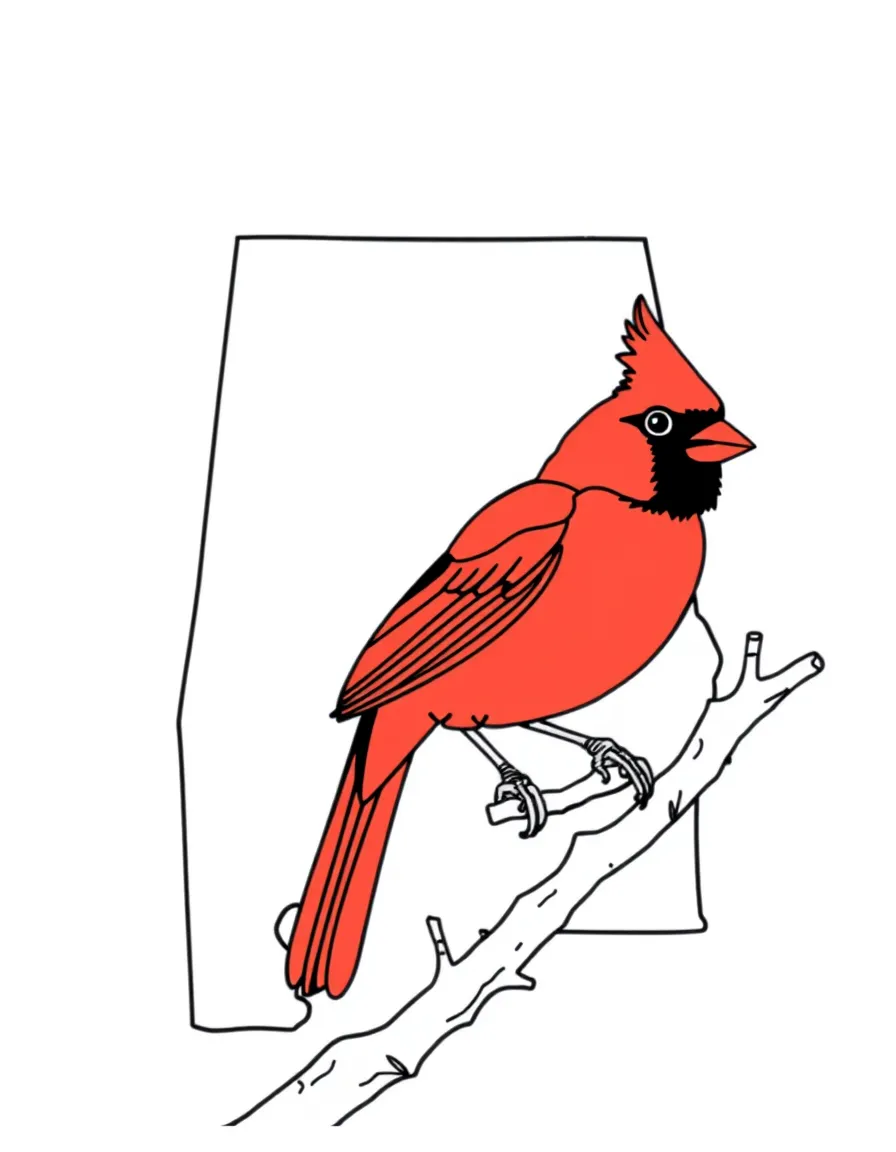 (Alabama) A red cardinal bird perched on a branch (state bird)