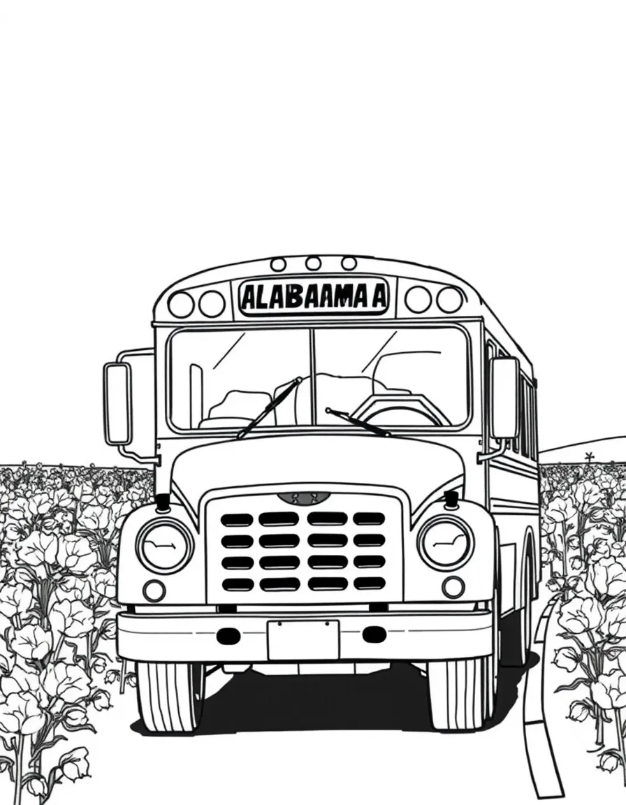 (Alabama) A school bus driving past cotton fields