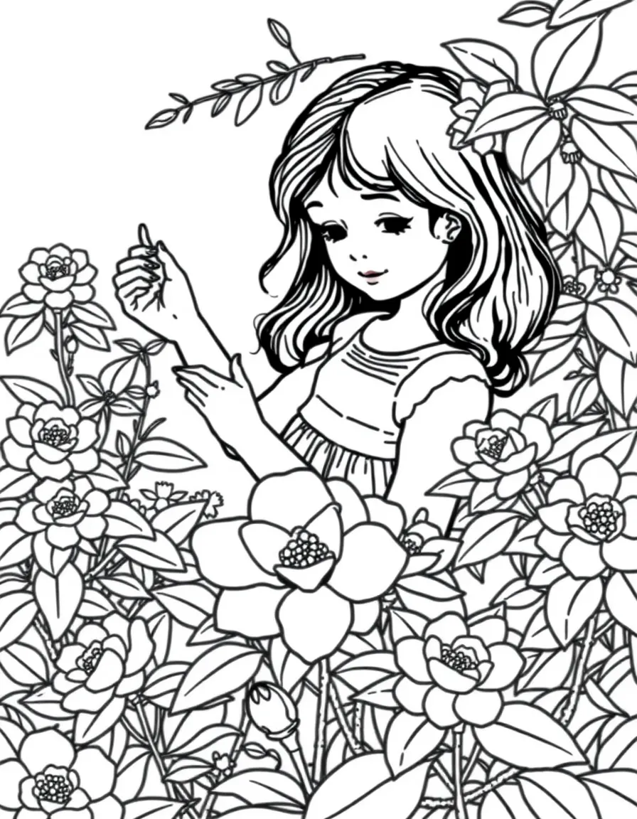 (Alabama) A girl picking camellia flowers in a garden