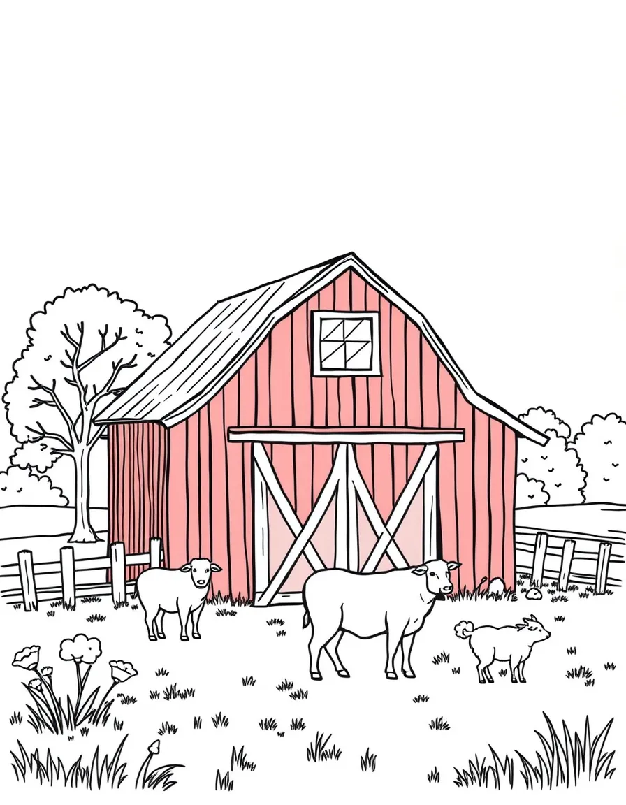 (Alabama) An old red barn with animals on a farm