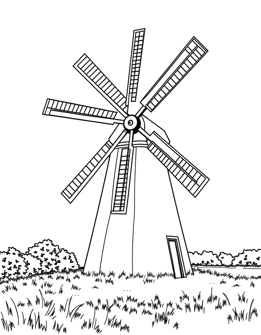 (Netherland, Holland) Traditional Dutch windmill with large rotating blades in a grassy field