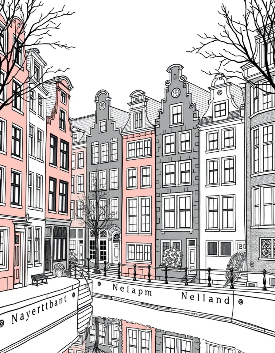 (Netherland, Holland) Row of colorful narrow canal houses in Amsterdam with tall windows