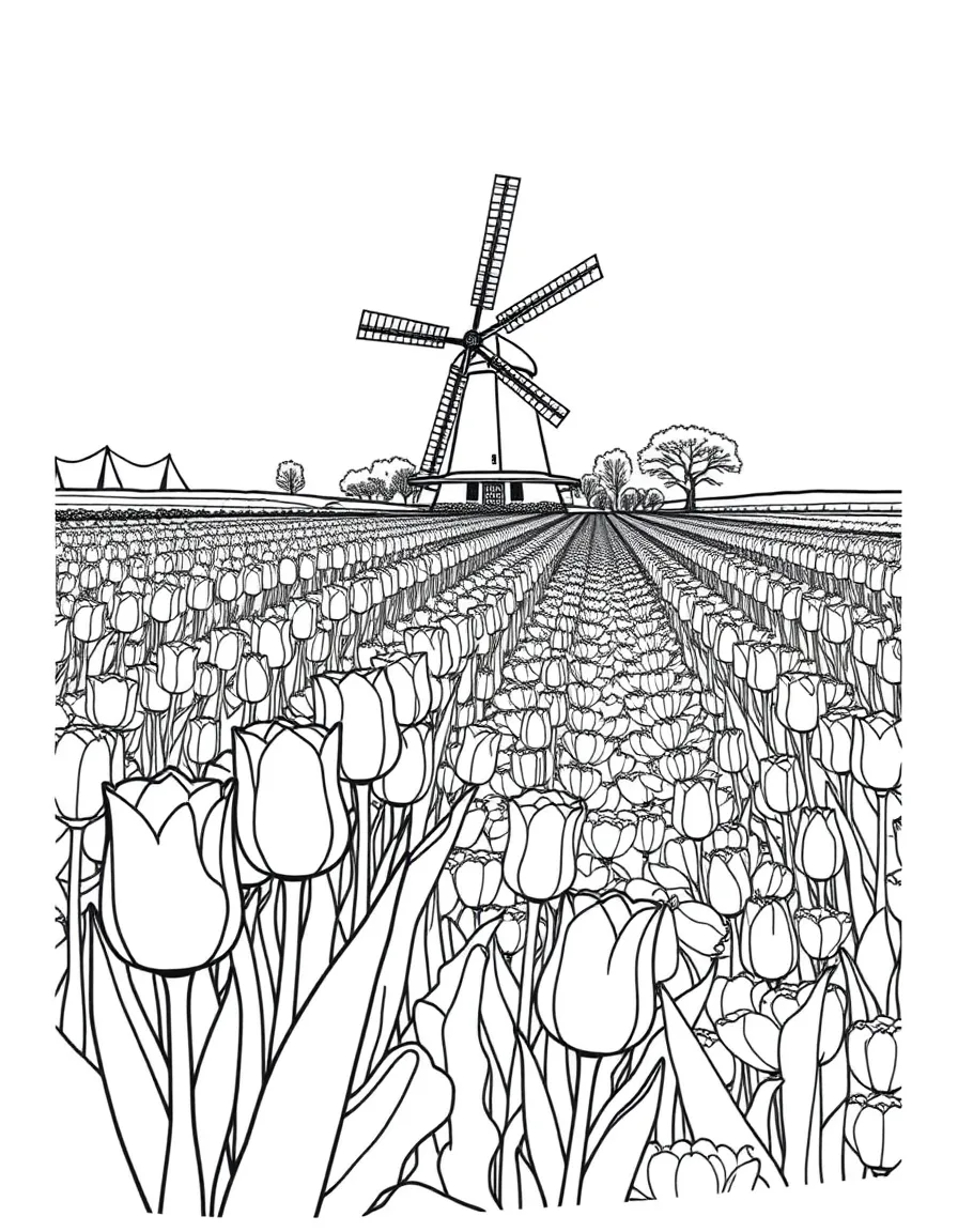(Netherland, Holland) Tulip field with rows of blooming flowers and a windmill in the background
