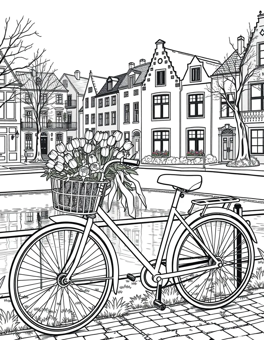 (Netherland, Holland) Bicycle with a basket full of tulips parked by a canal