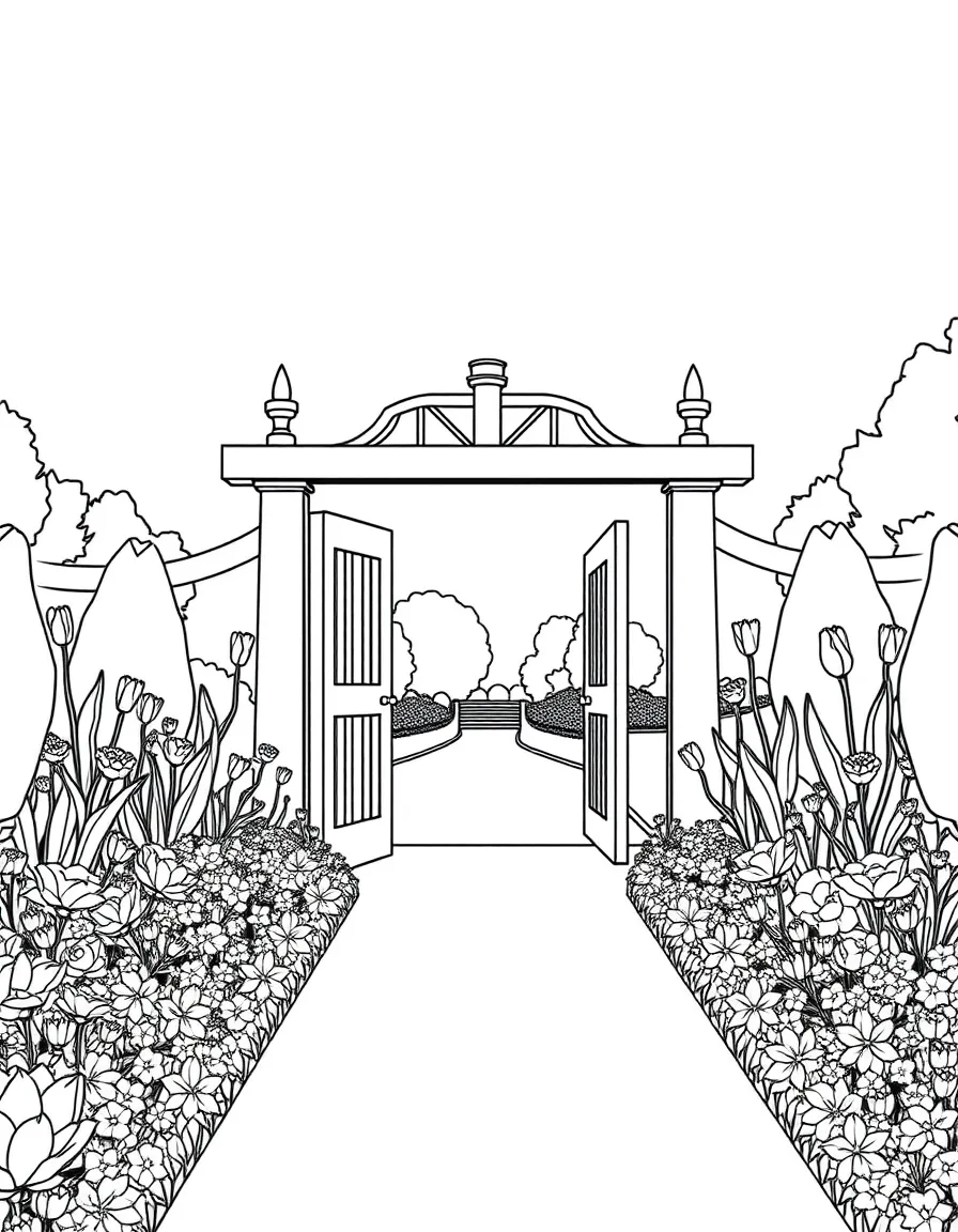 (Netherland, Holland) Keukenhof Gardens entrance gate surrounded by flower beds