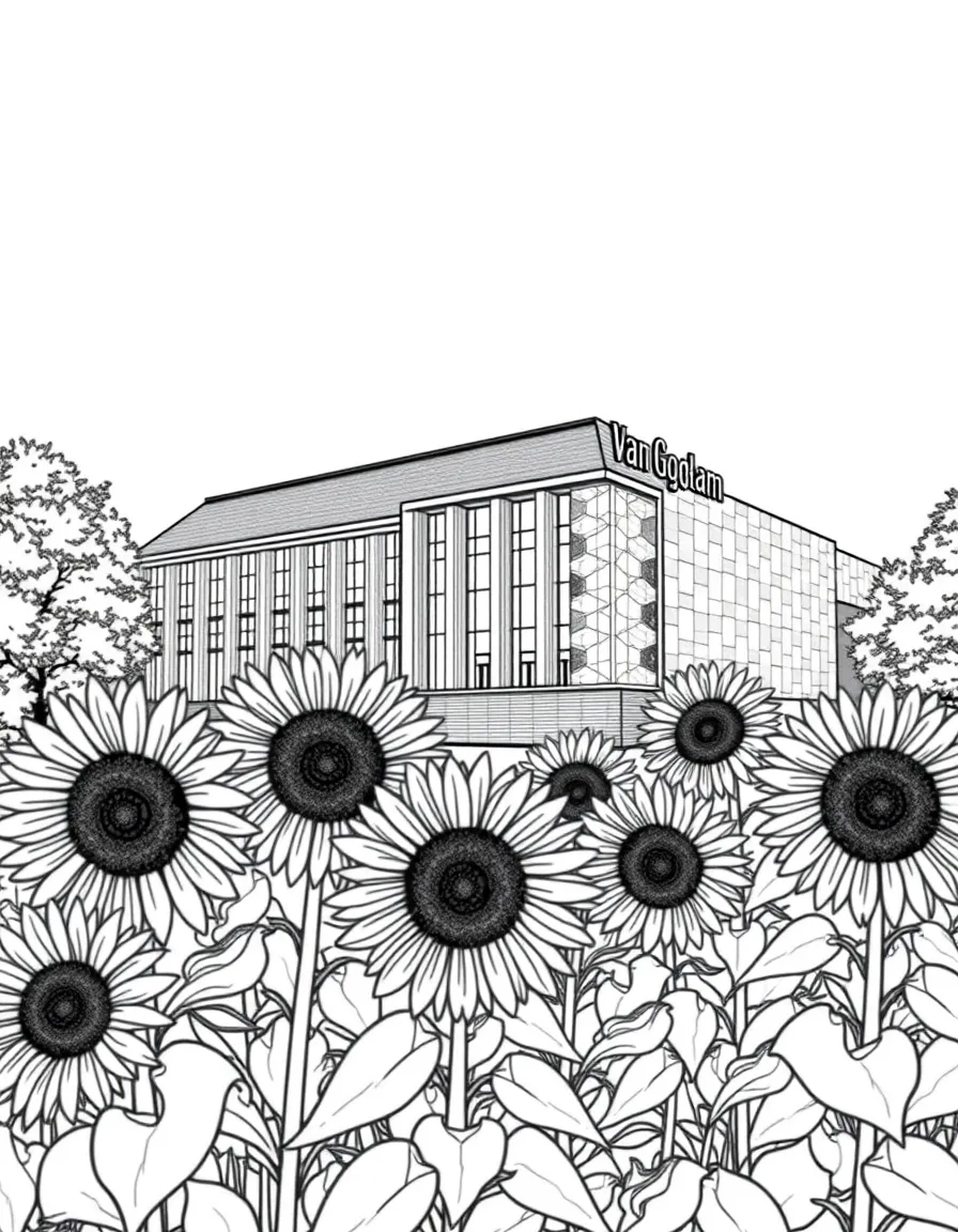 (Netherland, Holland) Van Gogh Museum building with sunflowers in the foreground