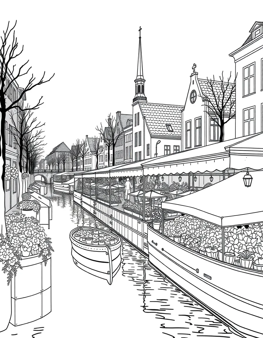 (Netherland, Holland) Bloemenmarkt (flower market) stalls floating on the canal