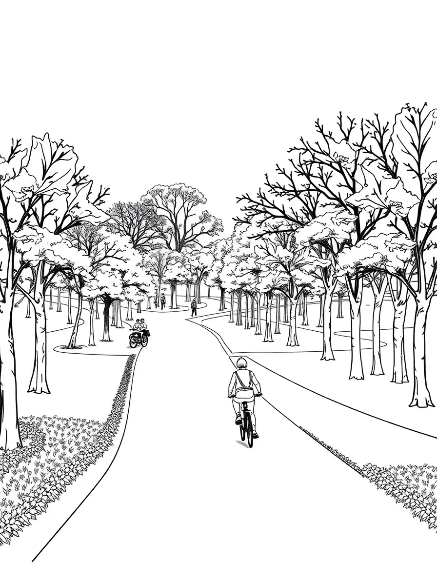 (Netherland, Holland) Vondelpark with trees, paths, and people cycling