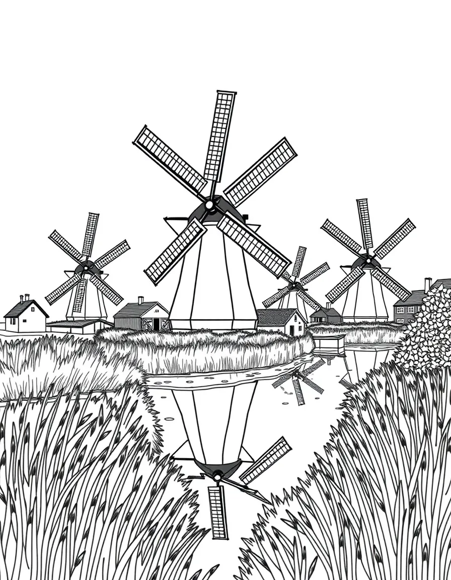 (Netherland, Holland) Kinderdijk windmill complex with multiple windmills