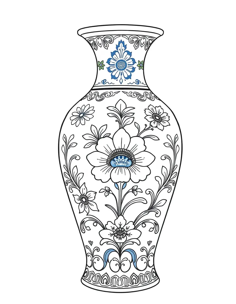 (Netherland, Holland) Delft Blue pottery vase with intricate floral patterns