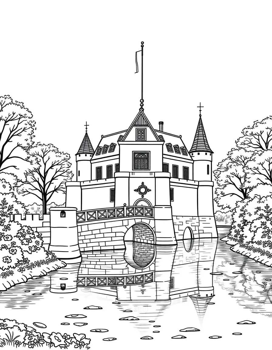 (Netherland, Holland) Dutch castle with moat and drawbridge