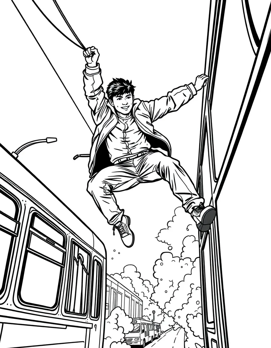 Jackie Chen performing a daring stunt hanging from a moving bus