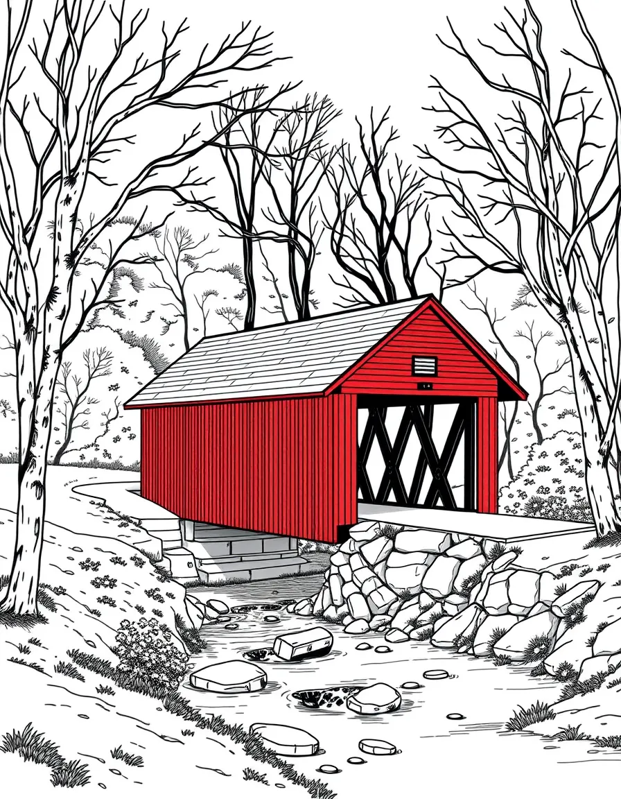 (Connecticut) A red covered bridge over a small stream