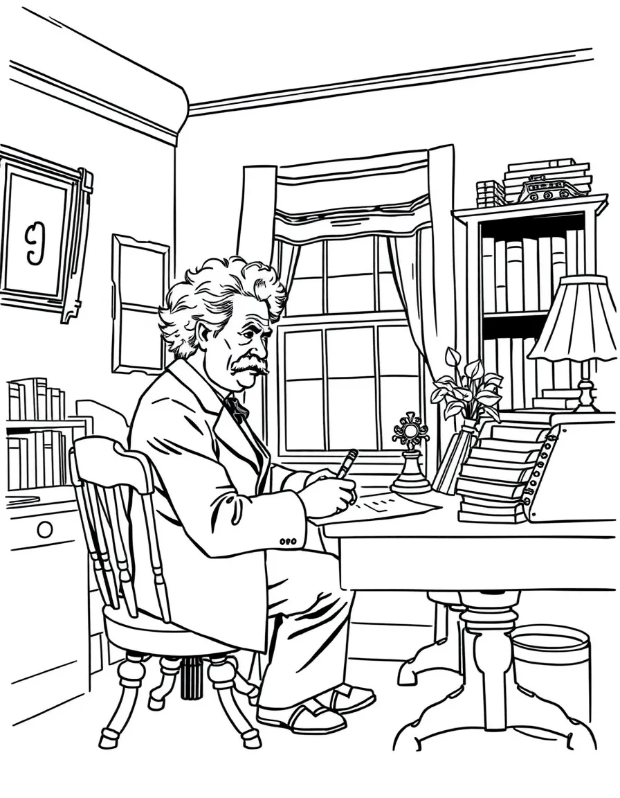 (Connecticut) Mark Twain writing at his desk in Hartford